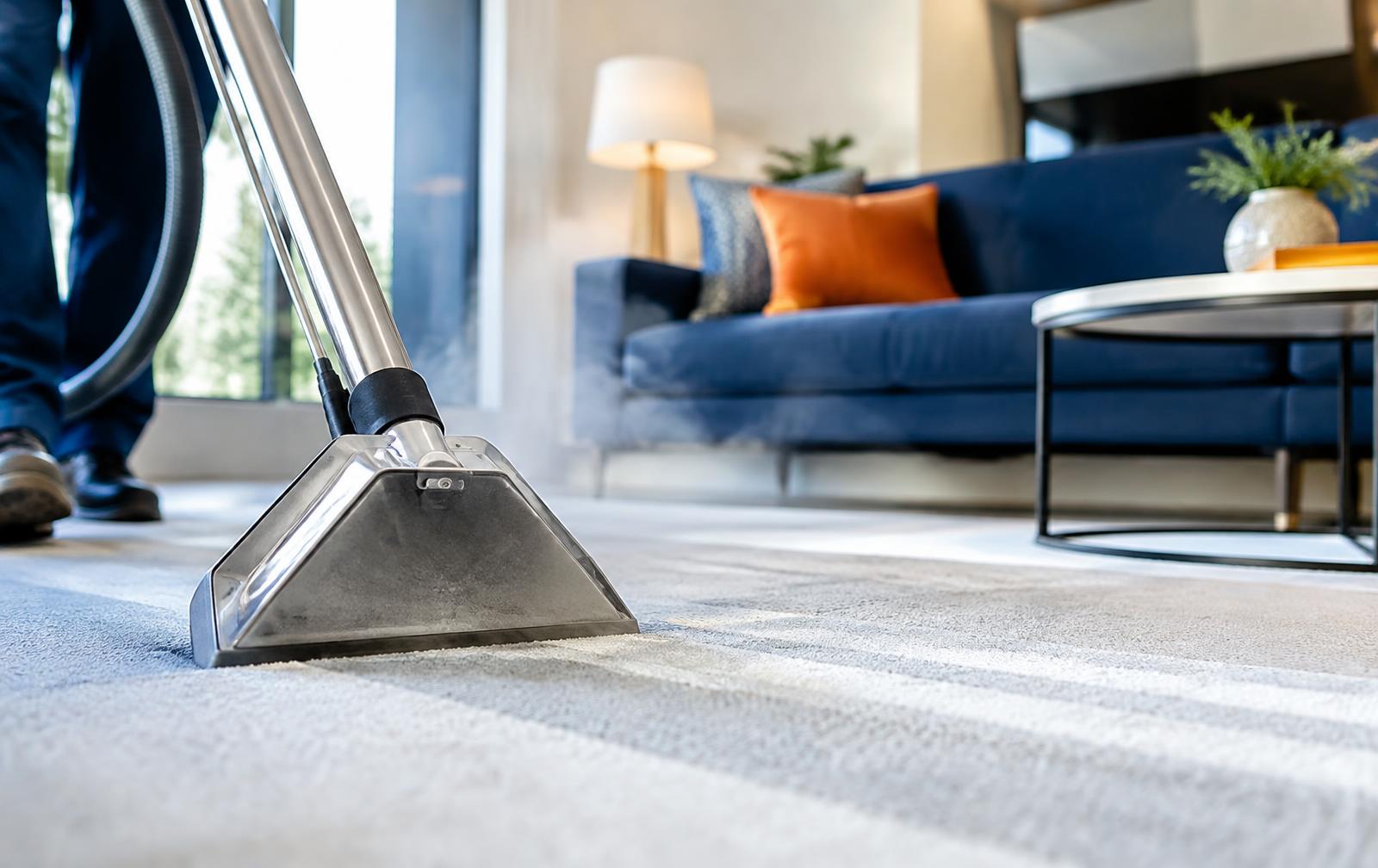 Carpet cleaning wand leaving clean stripes on a living room carpet
